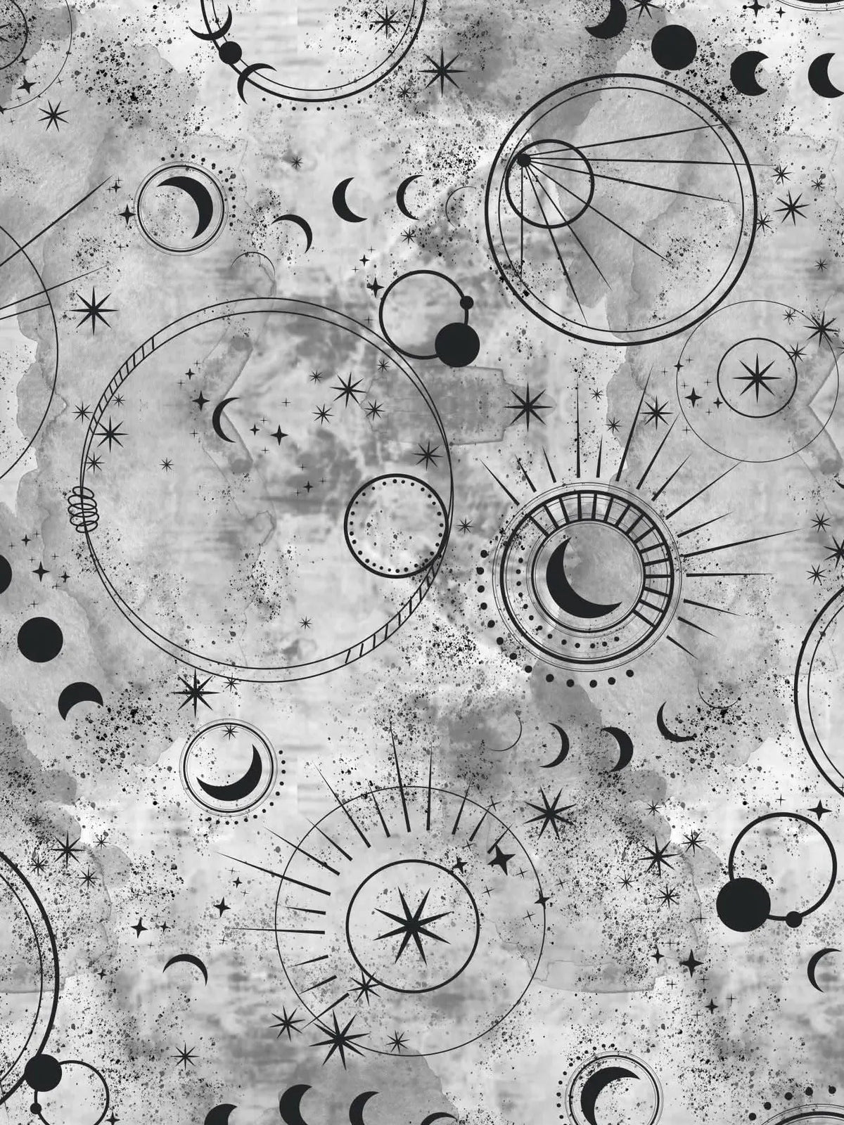 A grayscale celestial pattern with moons, stars, and geometric designs on a textured background.