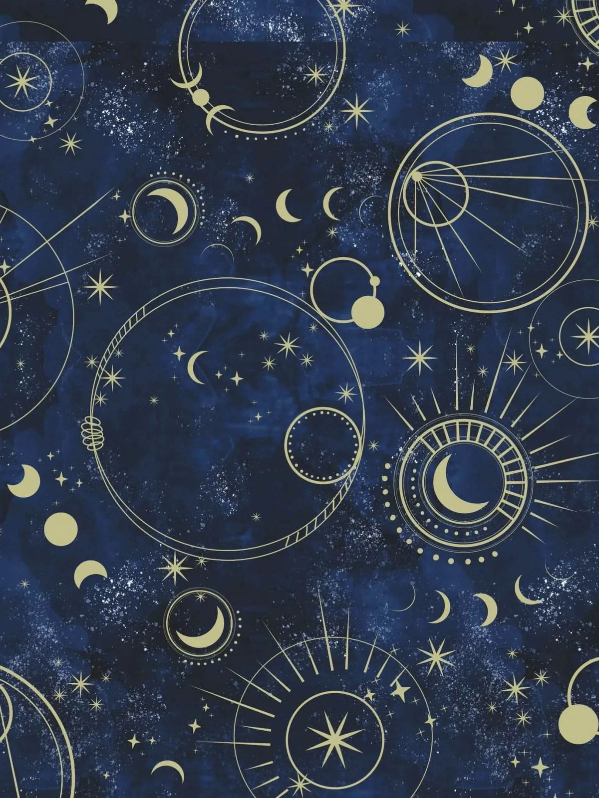 A navy blue fabric with gold celestial patterns of moons, stars, and geometric designs.