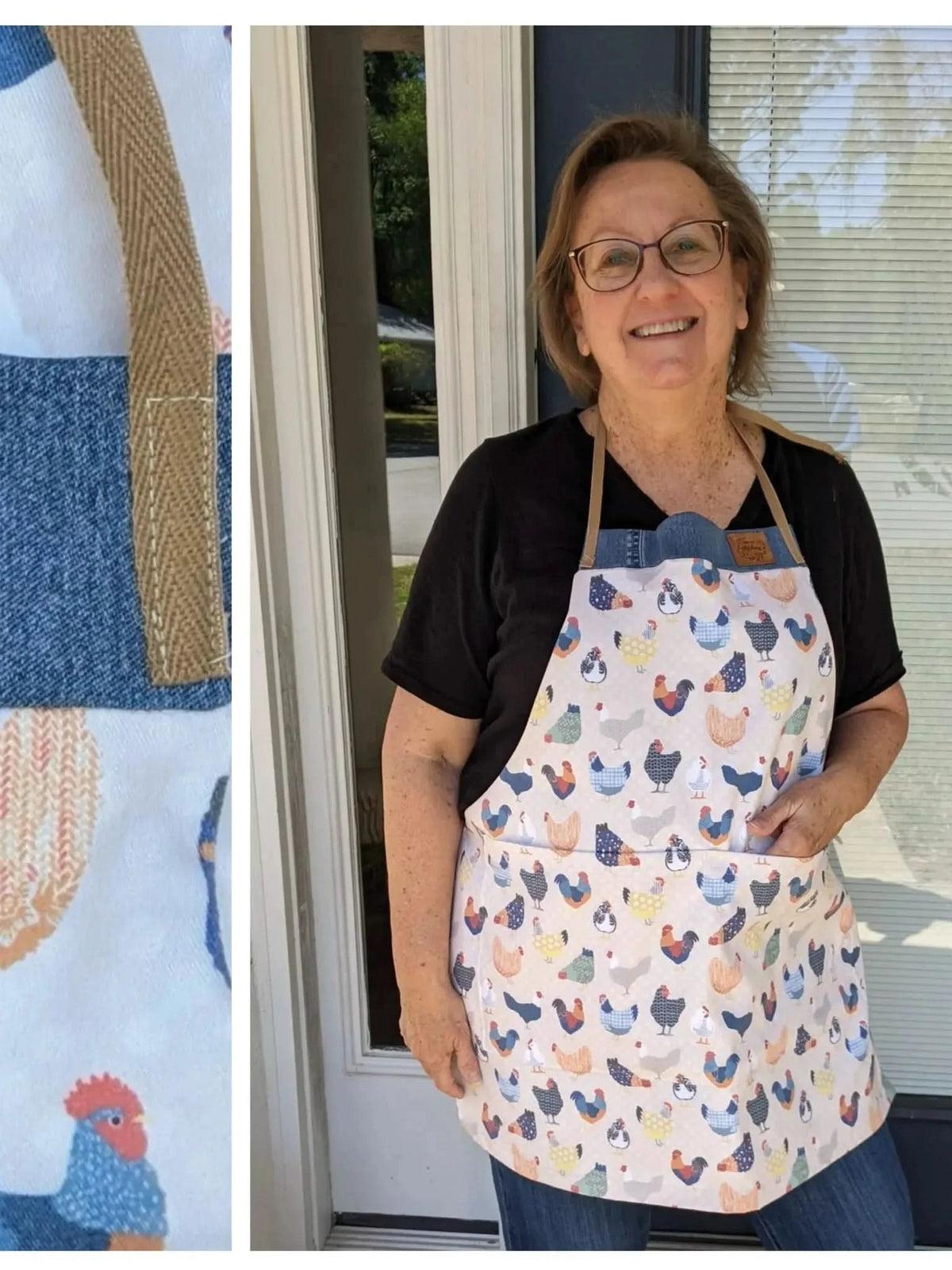 A woman wears an apron with a patchwork chicken pattern and a denim top.
