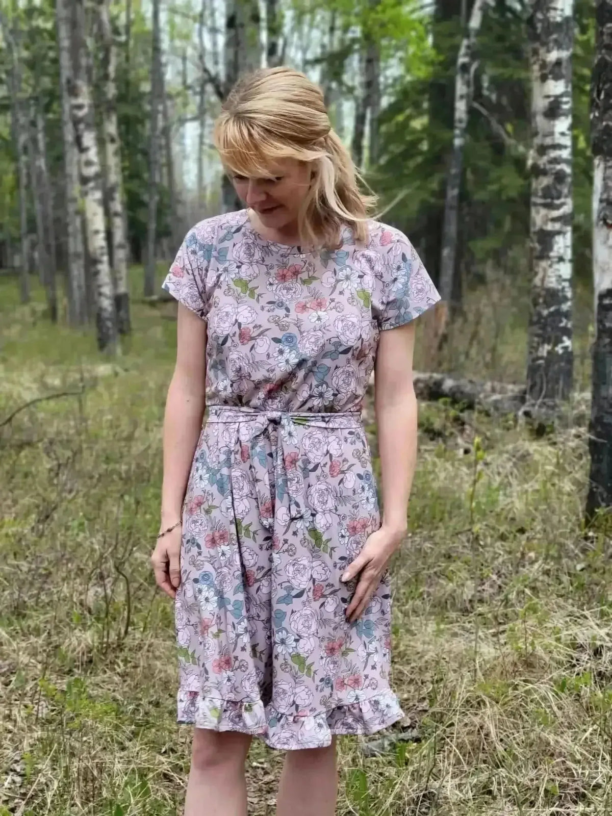 Tan Japanese floral fabric with beige tones and pink flowers on a light background.