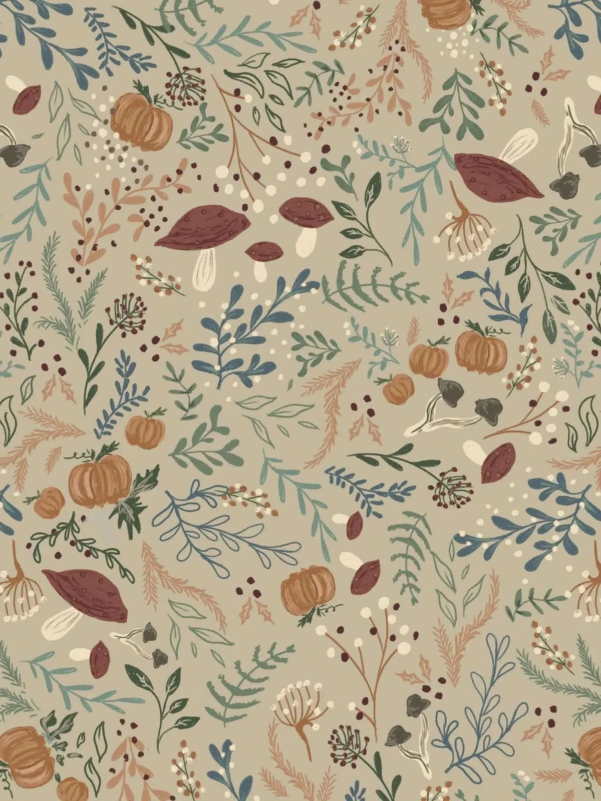 Tan fabric with a pattern of forest foliage, mushrooms, pumpkins, and berries.