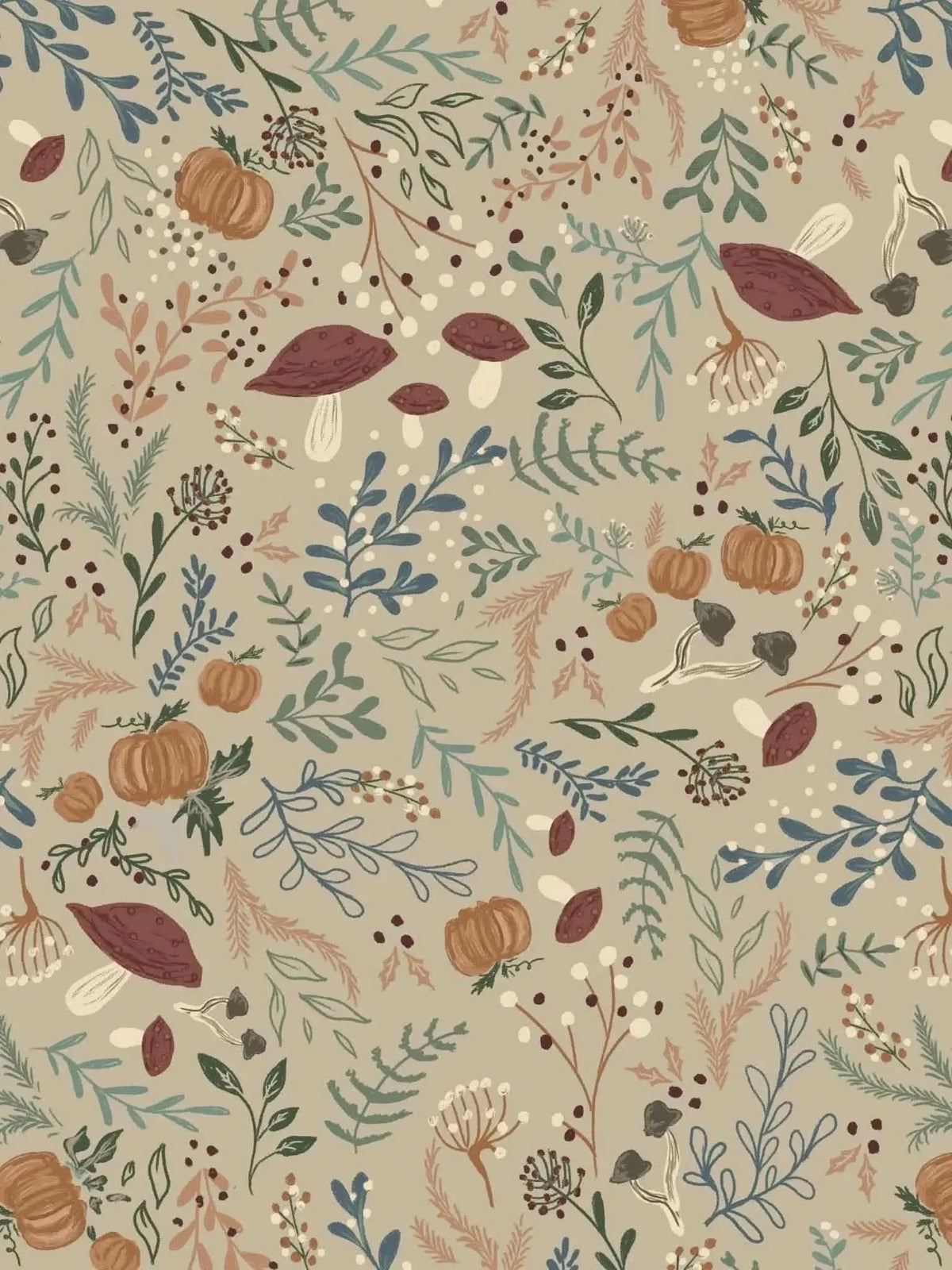 Tan botanical fabric with forest foliage, mushrooms, and pumpkins.