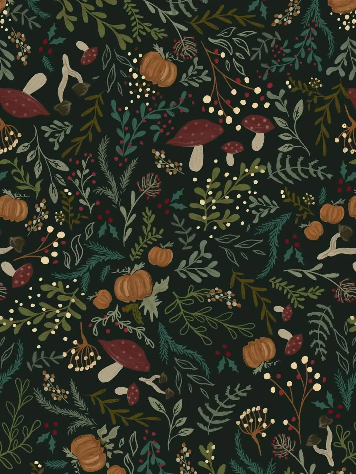 A dark green fabric with a pattern of leaves, berries, mushrooms, and pumpkins.