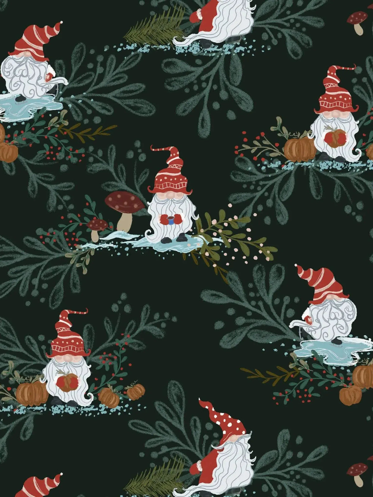 A green fabric with a repeating pattern of gnomes, pumpkins, and foliage.