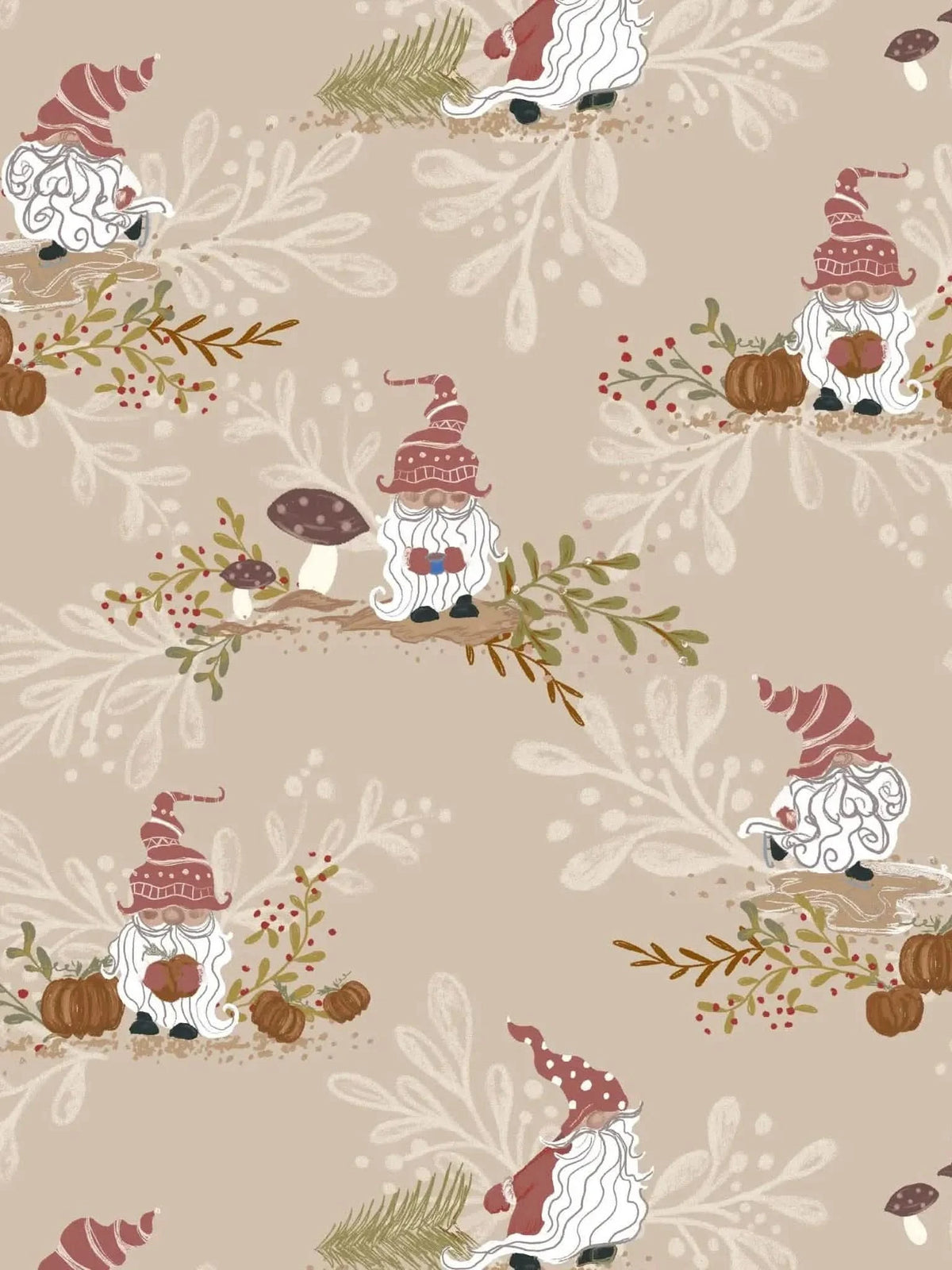 Tan fabric with a repeating pattern of gnomes, pumpkins, and foliage.