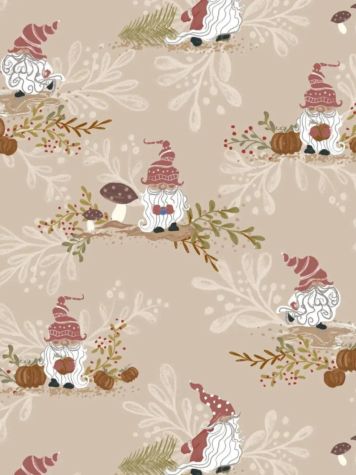 Tan toile fabric with autumn gnomes, mushrooms, berries, and pumpkins on beige background.