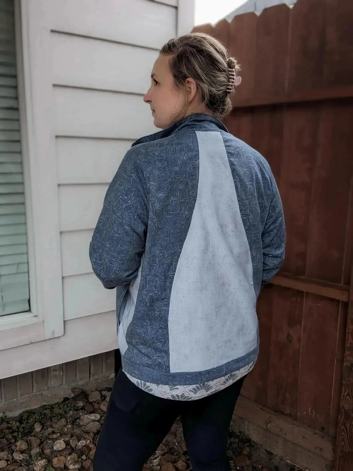 Ice Maze abstract blue geometric print on stretchy modal jersey fabric.