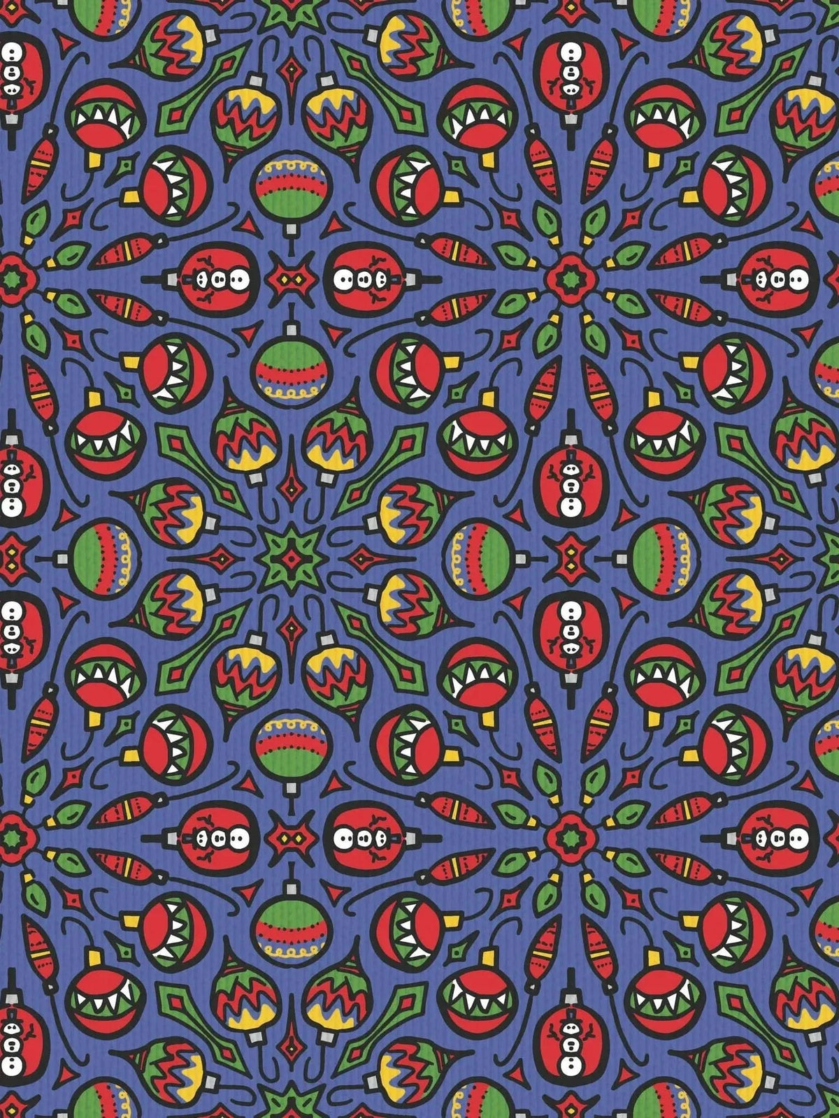 A blue fabric with a repeating pattern of colorful Christmas ornaments.
