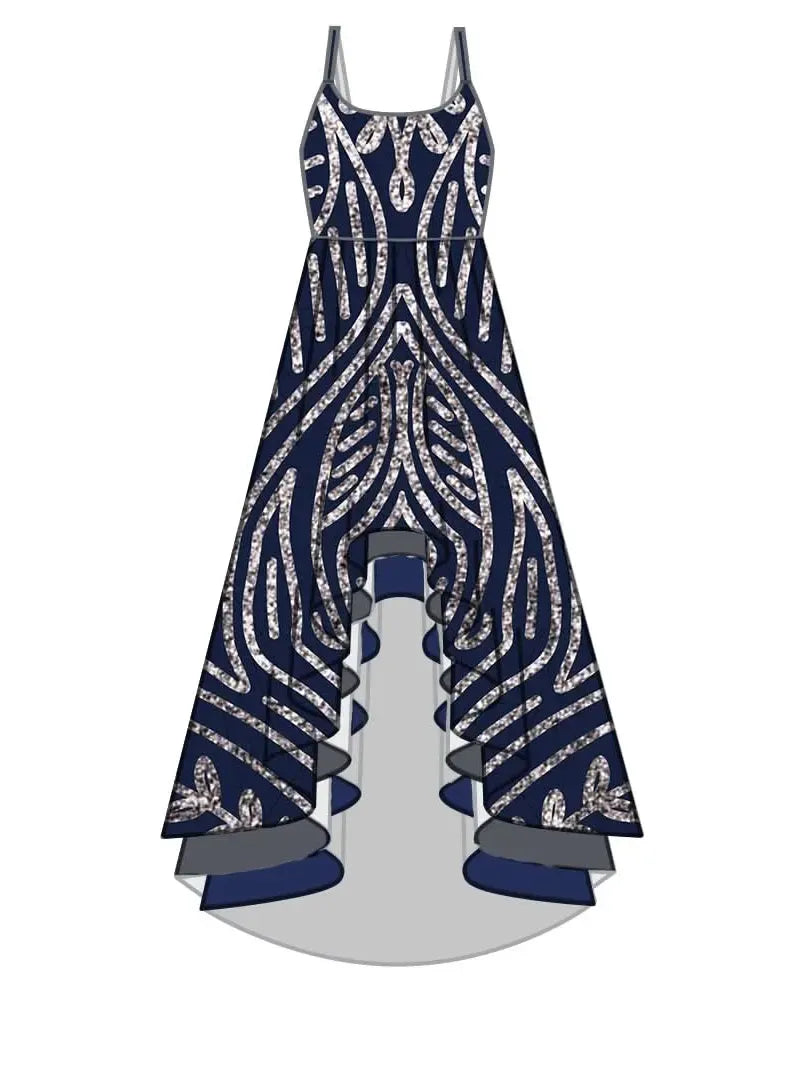A navy blue dress with silver art deco patterns and a high-low hem.