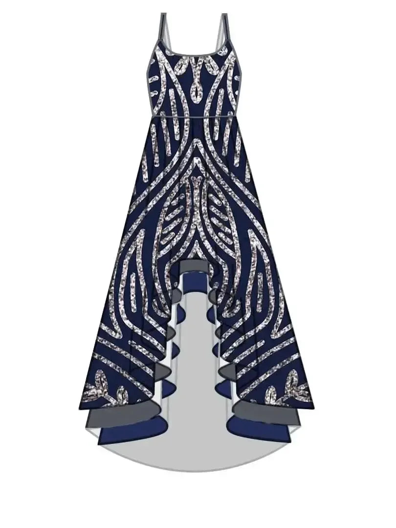 A blue dress with silver geometric Art Deco patterns and a high-low hem.