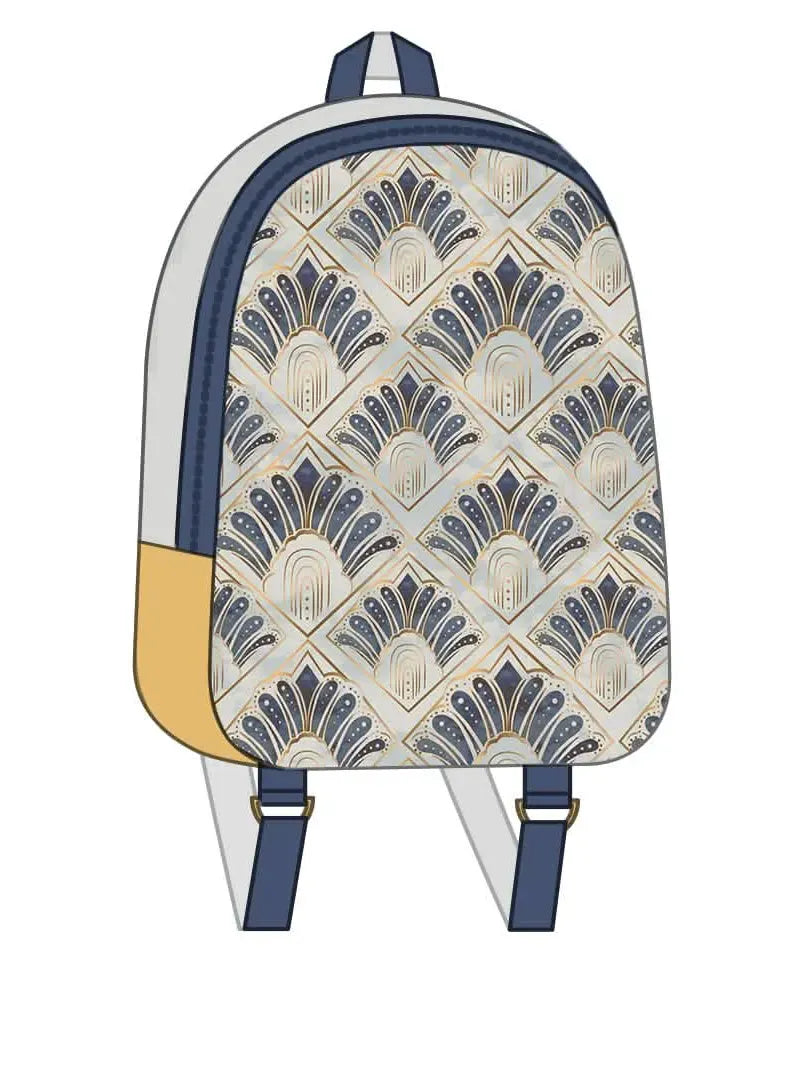 A backpack with a blue and gold Art Deco fan pattern, light gray sides, and a yellow base.