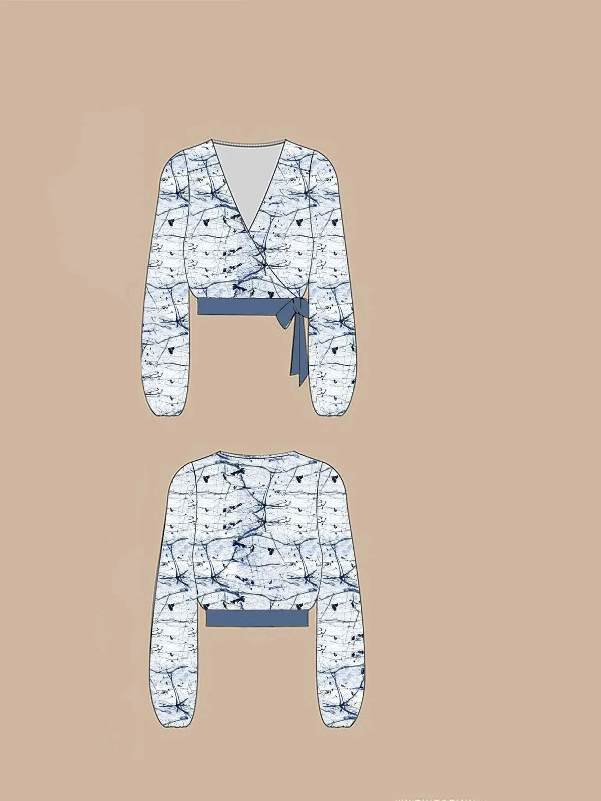 White and blue cracked ice pattern on a long-sleeved wrap top.