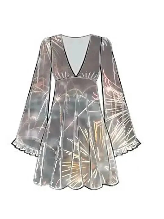 Celebration fireworks print fabric with festive holiday theme.