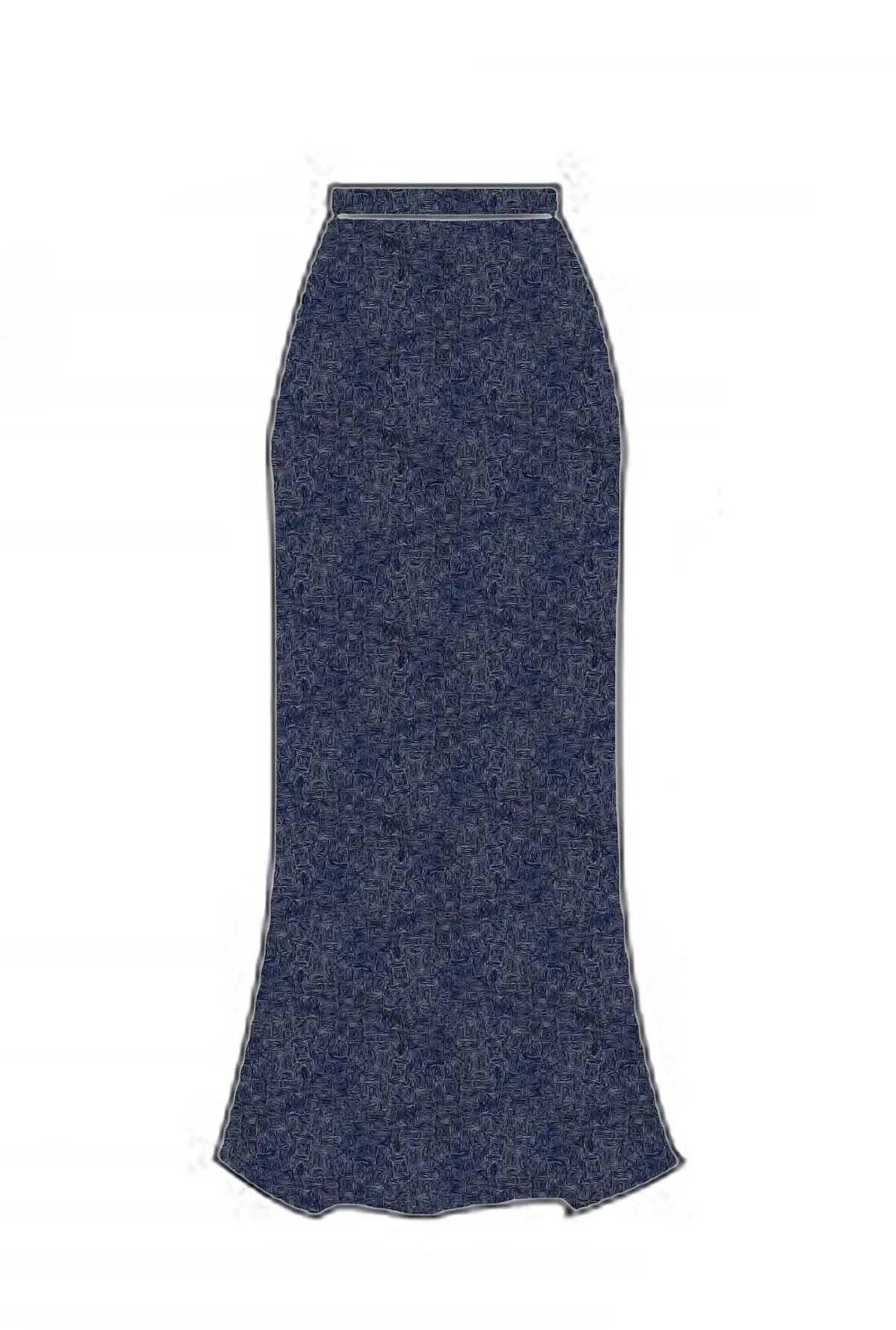 A dark blue maxi skirt with a subtle, abstract geometric pattern.