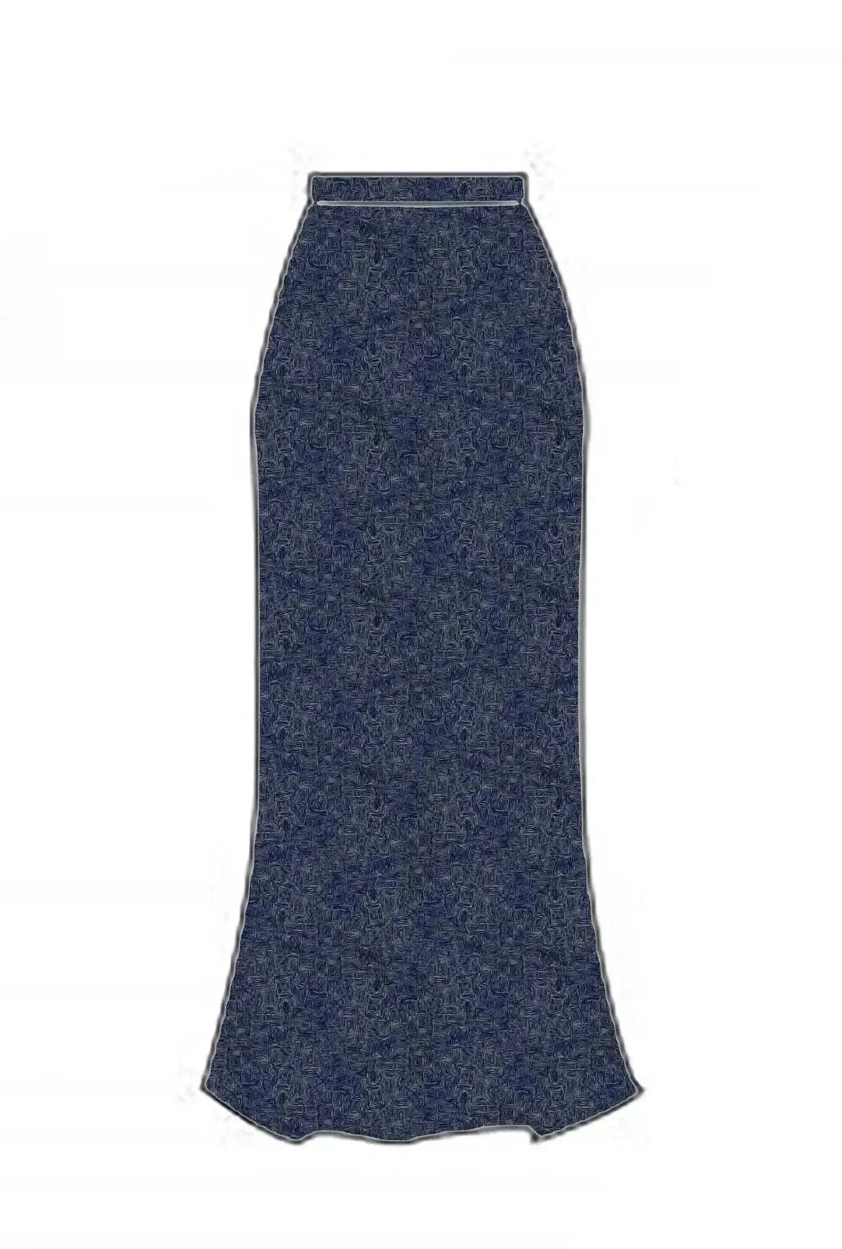A long, dark blue skirt with an abstract geometric pattern.