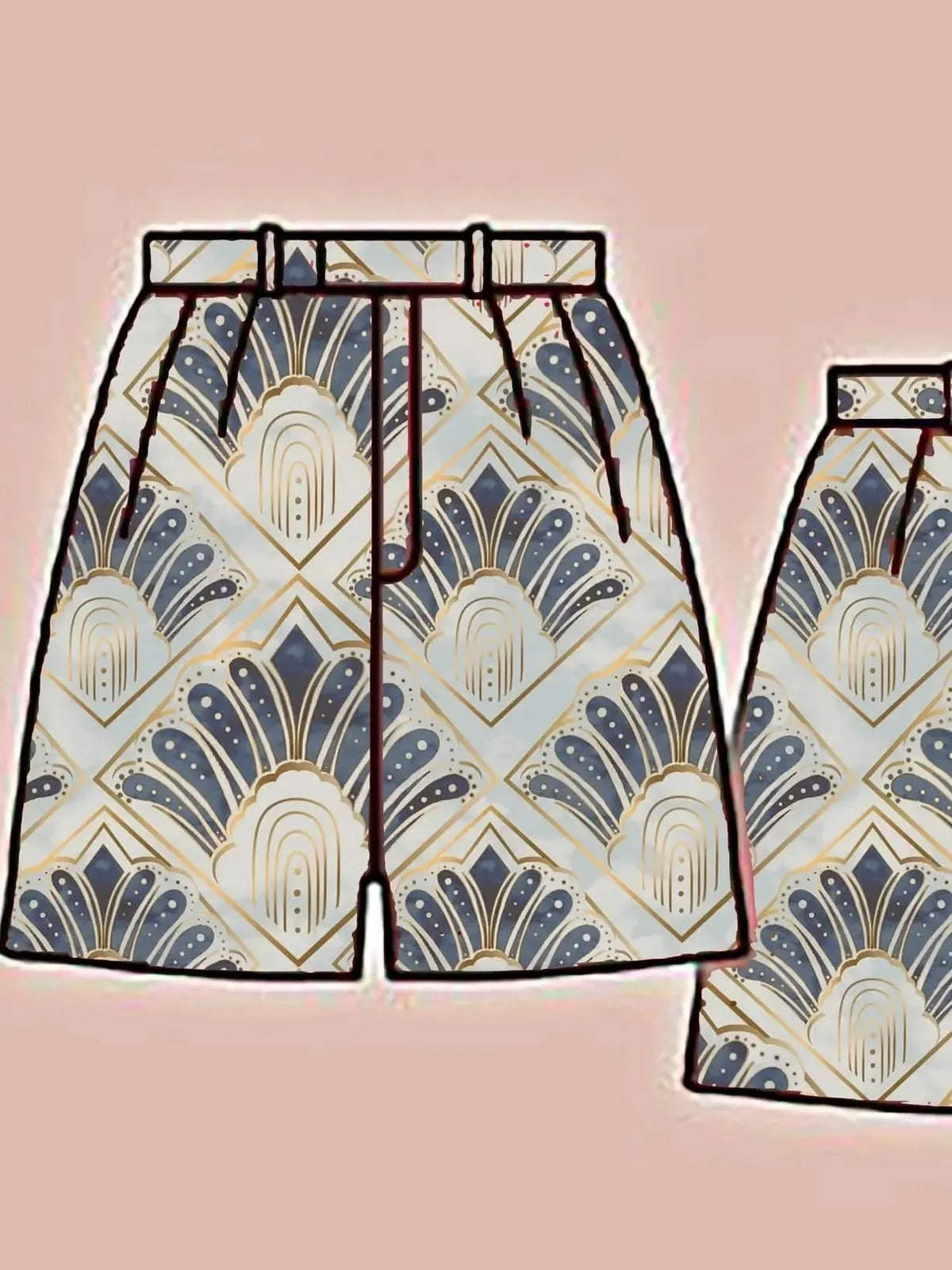 Two pairs of shorts with an Art Deco fan pattern in blue, gold, and white.
